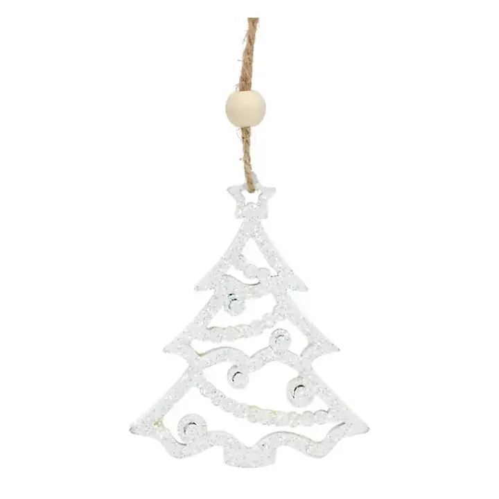 White Glitter Trees Christmas Ornaments, Set of 9