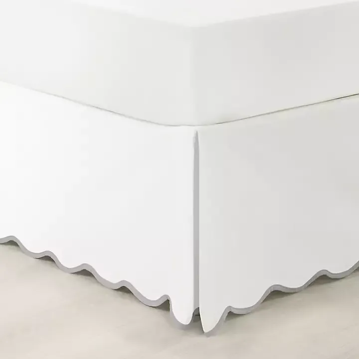 White Gray Scalloped Coastal Queen Bed Skirt