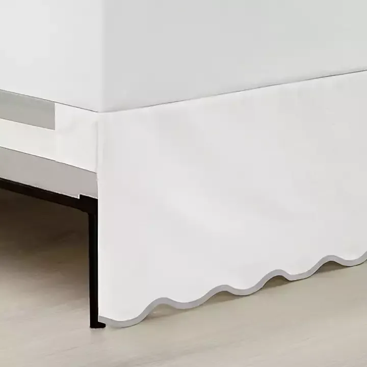 White Gray Scalloped Coastal Queen Bed Skirt