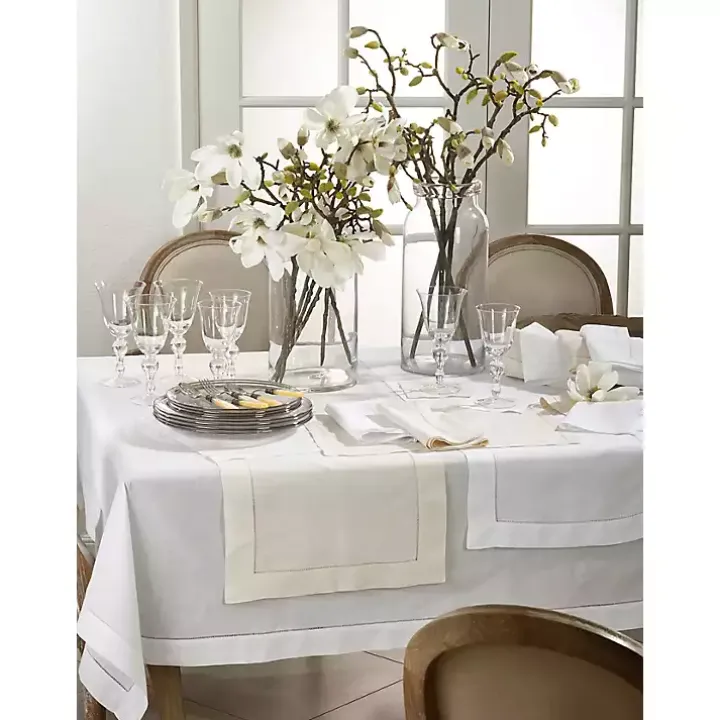 White Hemstitched Linen Oblong Runner