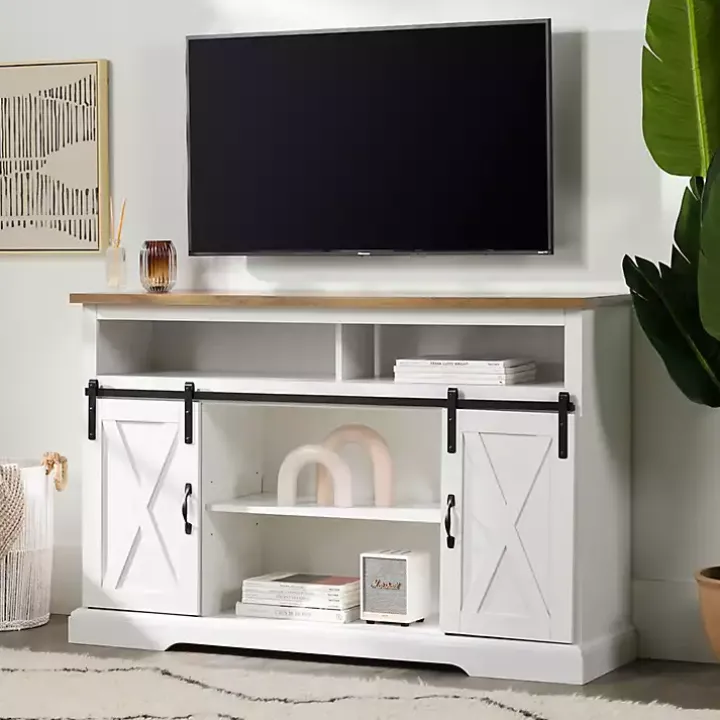 White Highboy Sliding Barn Door Media Cabinet