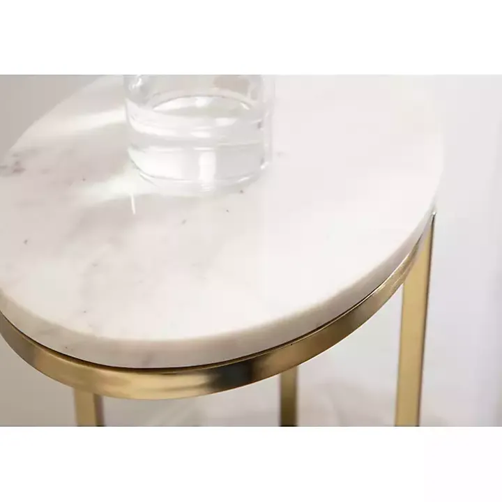 White Marble and Gold Oval C-Shape Accent Table