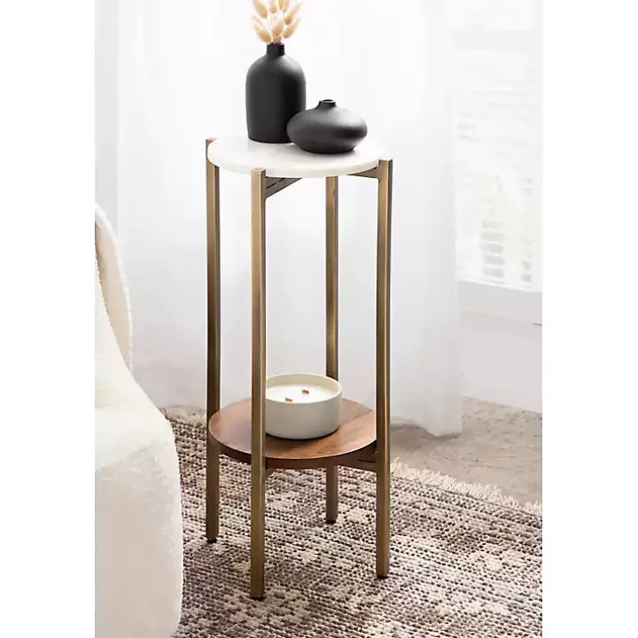 White Marble Walnut Accent Table