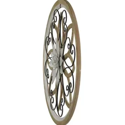 White Metal and Wood Floral Round Wall Plaque