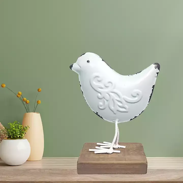 White Metal Bird Statue on Wood Base, 7 in.
