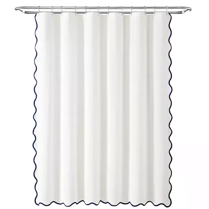 White Navy Scalloped Coastal Shower Curtain
