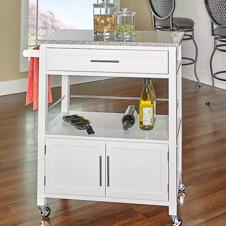 White Parker Granite Top Rolling Kitchen Cart