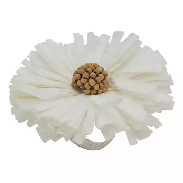 White Raffia Flower Napkin Rings, Set of 4