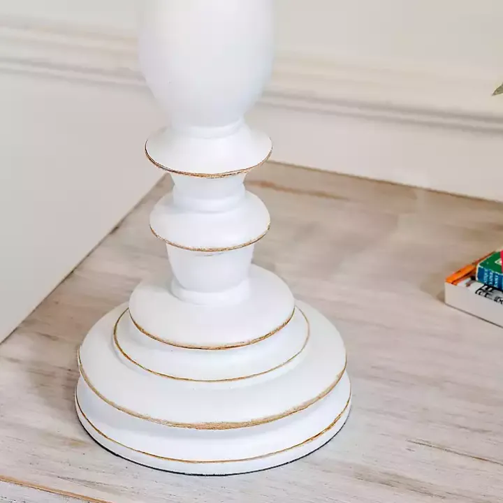 White Resin Table Lamp with Blue Stripe Shade