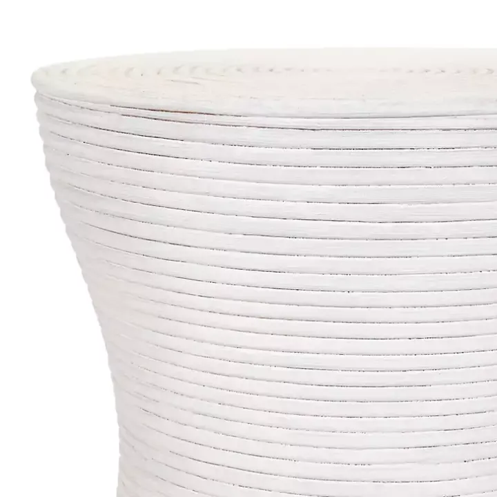 White Ribbed Rattan Round Accent Table