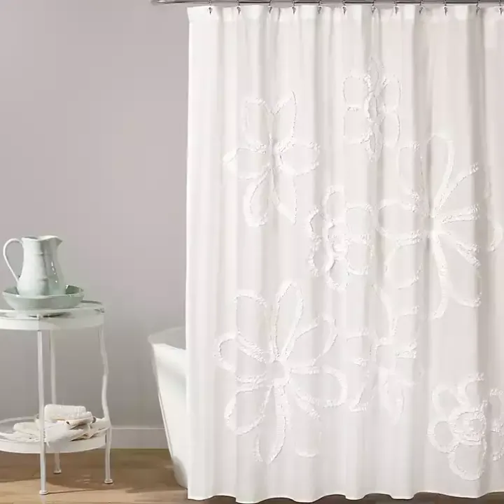 White Ruffle Flower Shower Curtain