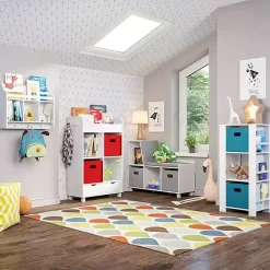 White Storage Tower Bookshelf with 2 Navy Bins