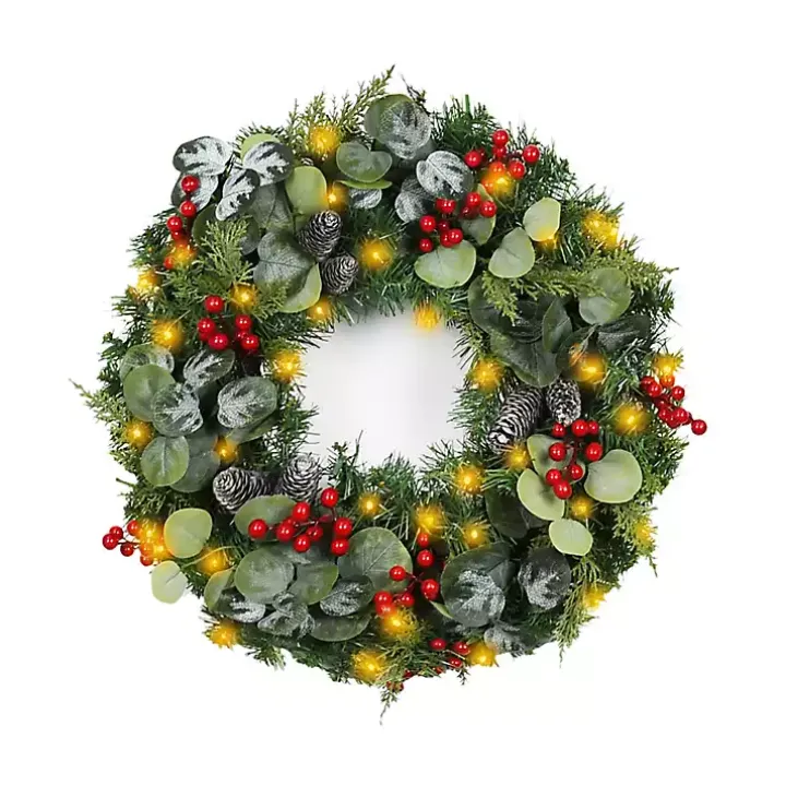 White Tip Pinecone and Eucalyptus Pre-Lit Wreath