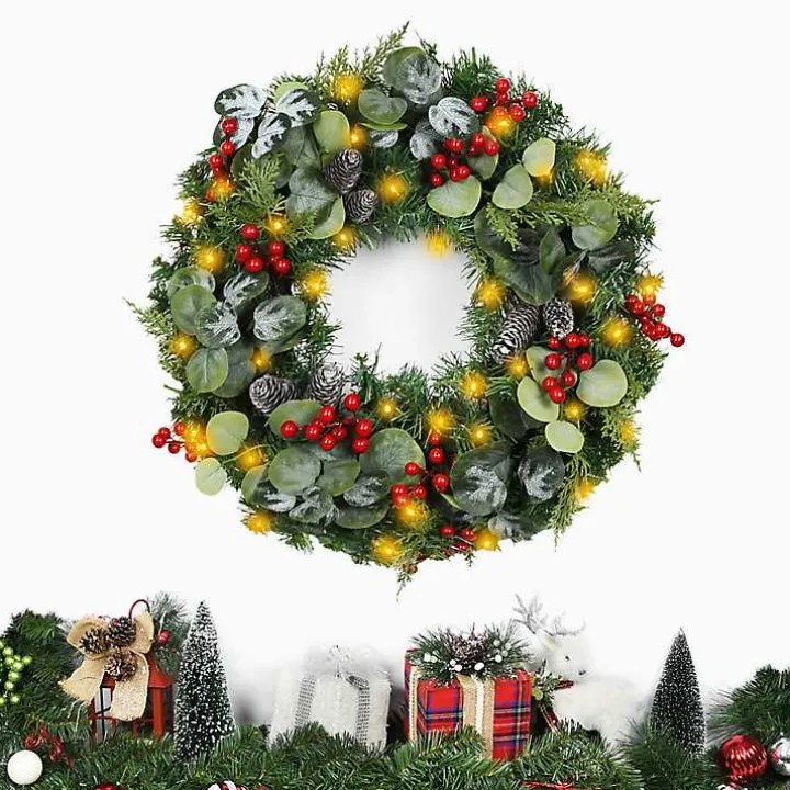 White Tip Pinecone and Eucalyptus Pre-Lit Wreath