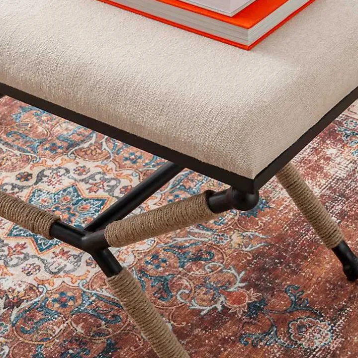 White Upholstered and Wrapped Rope Metal Bench