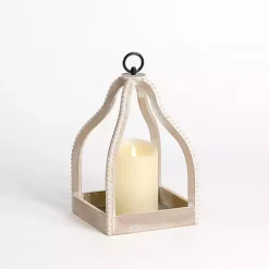 White Washed Beaded Open Lantern, 11 in.