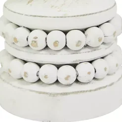 White Wood Beaded Pillar Candle Holders, Set of 2