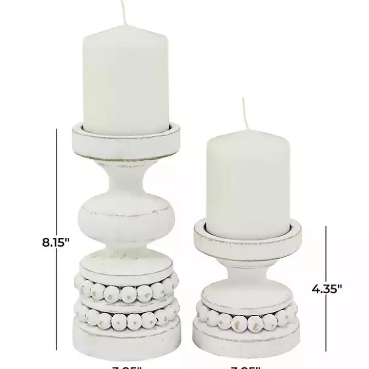 White Wood Beaded Pillar Candle Holders, Set of 2