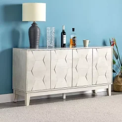 White Wood Geometric 4-Door Cabinet