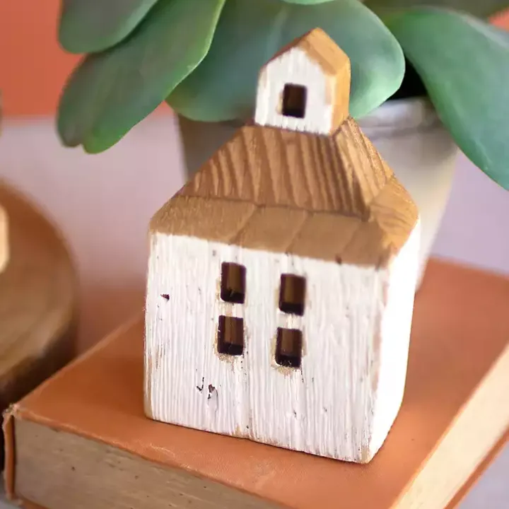 White Wood House Figurines, Set of 3