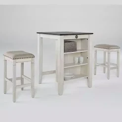 White Wood Linen 3-pc. USB Island and Stool Set