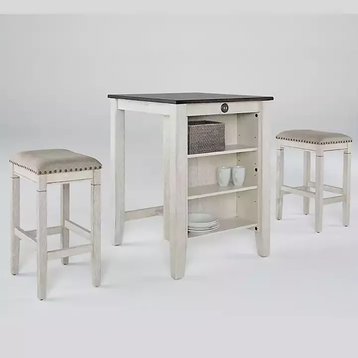 White Wood Linen 3-pc. USB Island and Stool Set