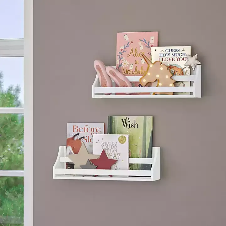 White Wood Rack Wall Bookshelves, Set of 2