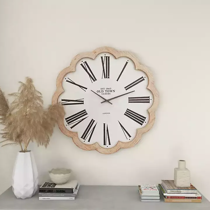 White Wood Scalloped Frame Wall Clock