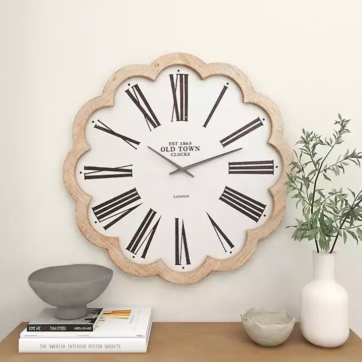 White Wood Scalloped Frame Wall Clock