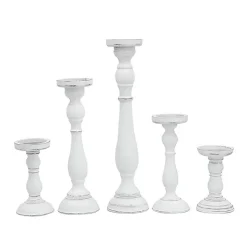 White Wood Spindle Taper Candle Holders, Set of 5