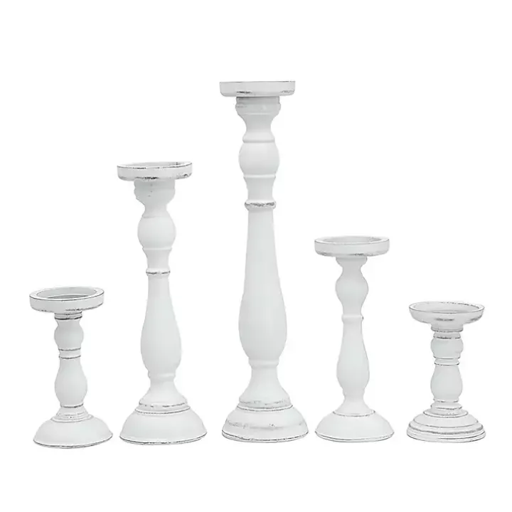 White Wood Spindle Taper Candle Holders, Set of 5