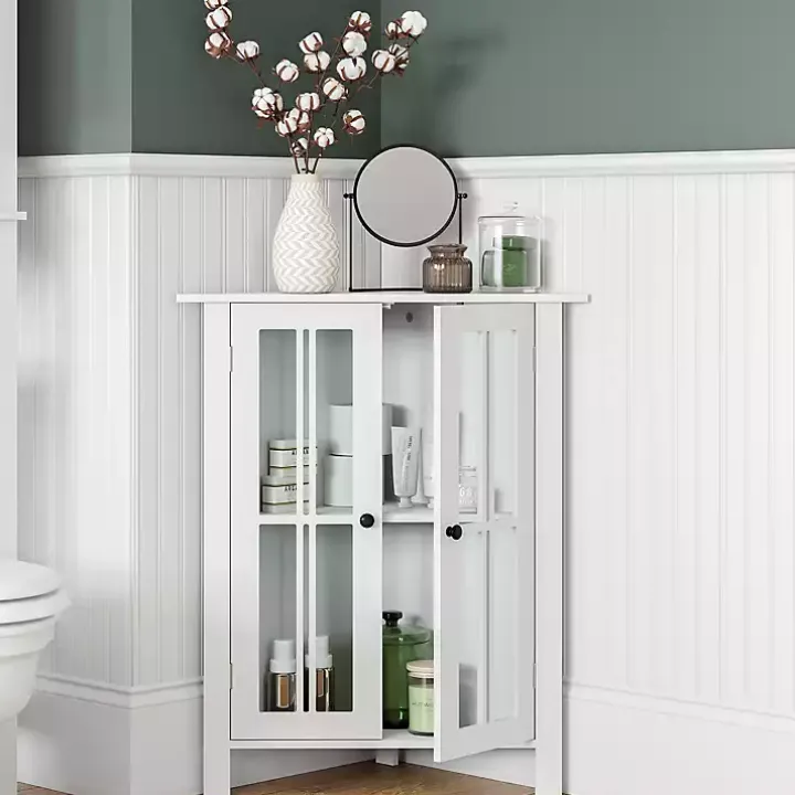 White Wood Two Pane Glass Doors Corner Cabinet