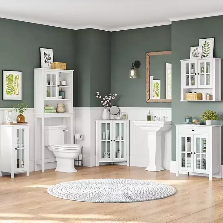 White Wood Two Pane Glass Doors Corner Cabinet