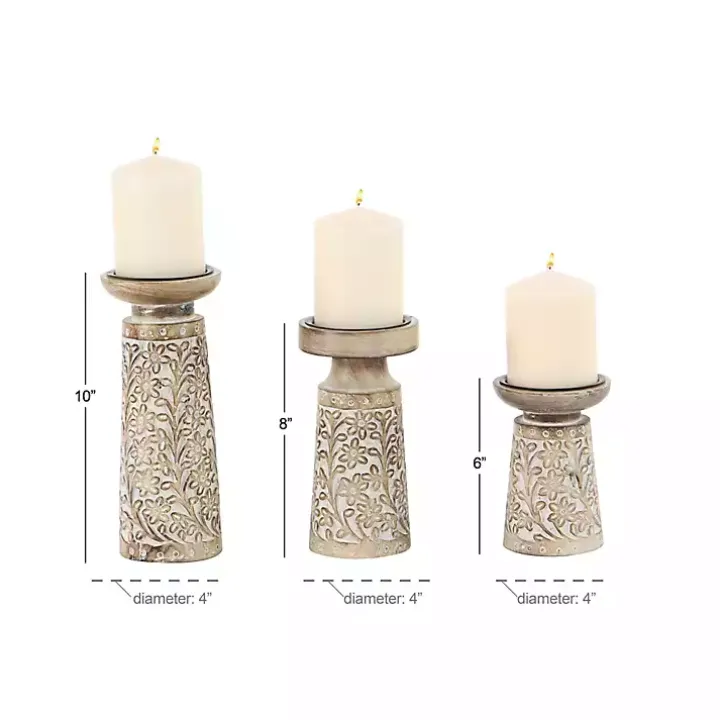 Whitewash Floral Mango Candlesticks, Set of 3