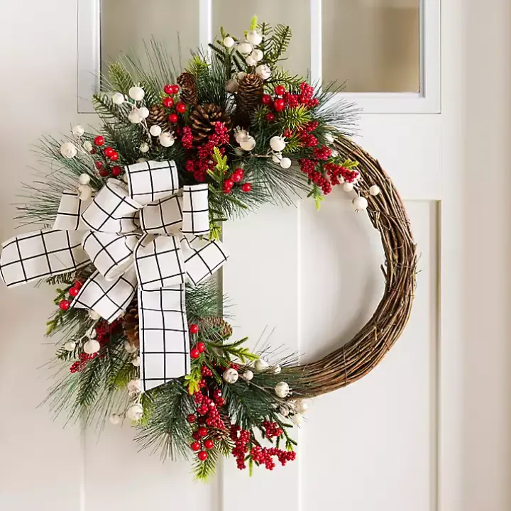 Windowpane Plaid Berry Bow Wreath