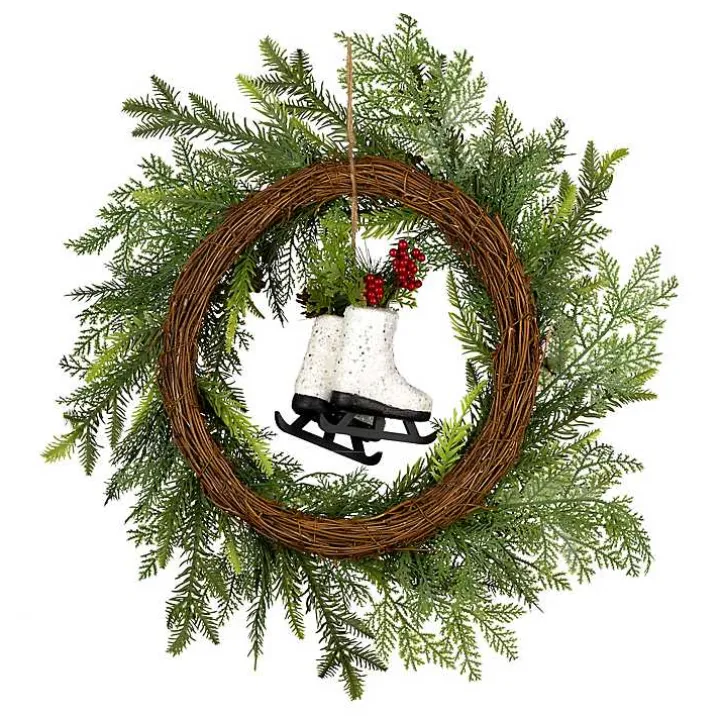 Winter Skates Christmas Wreath with Red Berries