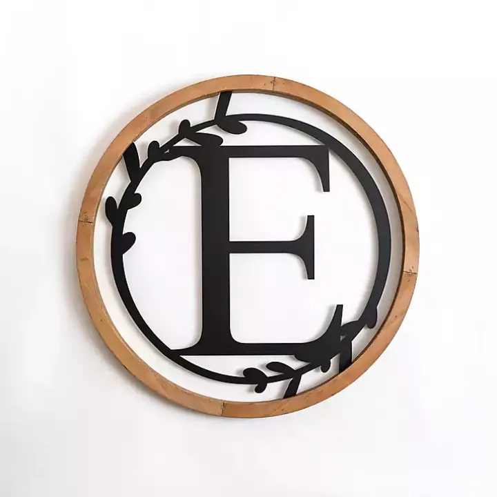 Wood and Metal Laurel Monogram E Plaque