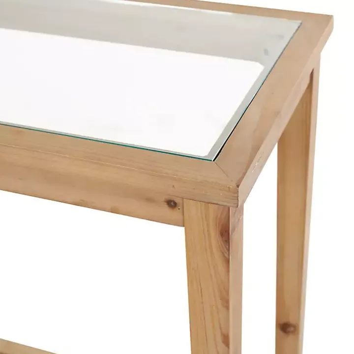 Wood Glass Top Console Table with Rattan Shelf