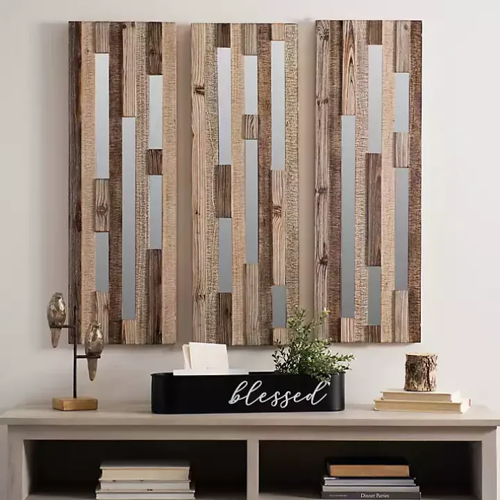 Wood Plank and Mirror Slice Wall Plaques, Set of 3