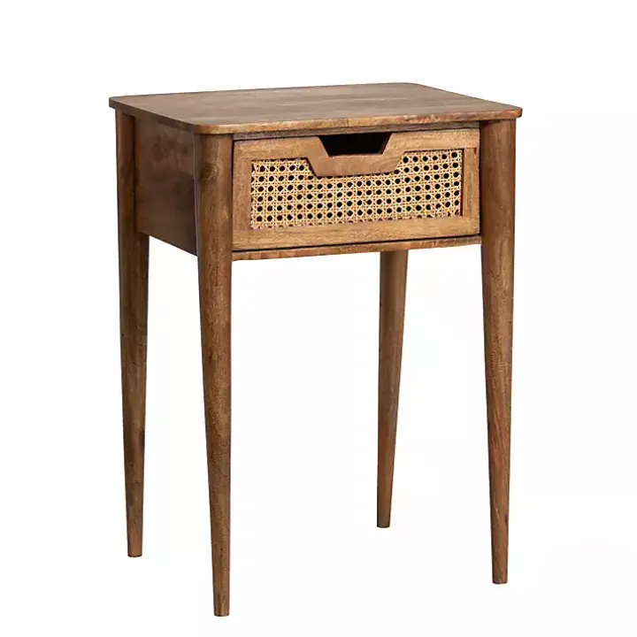 Woven Cane and Mango Wood Side Table