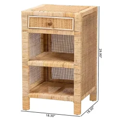 Woven Rattan and Mahogany Wood Nightstand