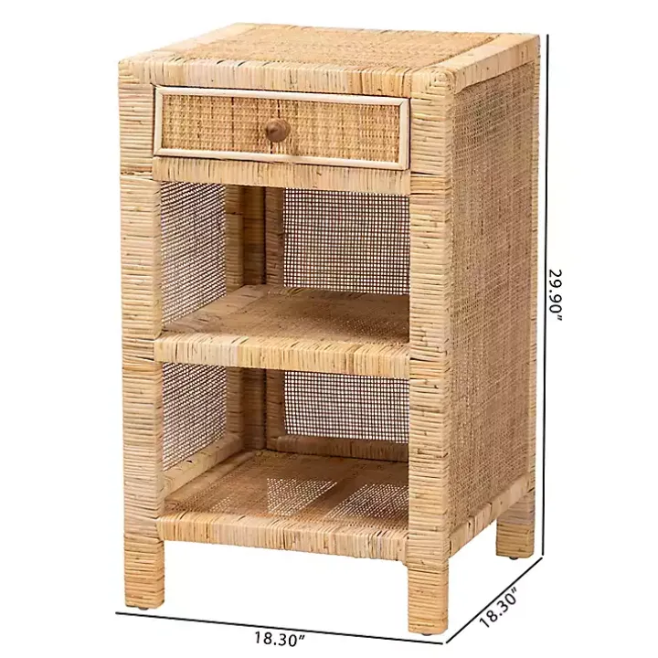 Woven Rattan and Mahogany Wood Nightstand