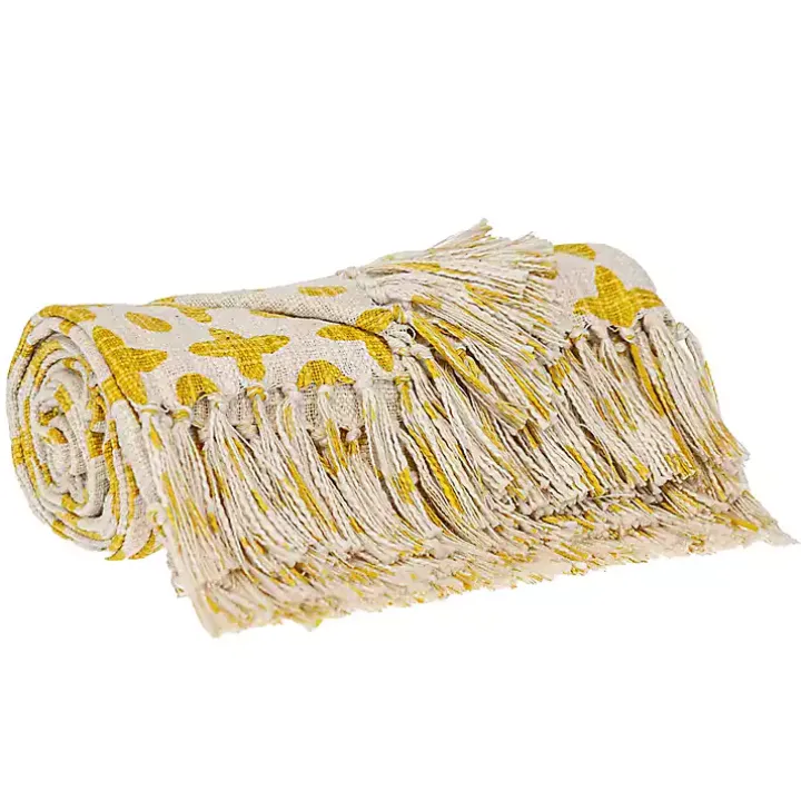 Yellow and Beige Patterned Fringe Throw