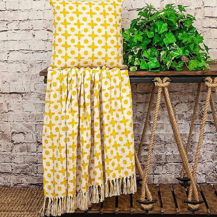 Yellow and Beige Patterned Fringe Throw