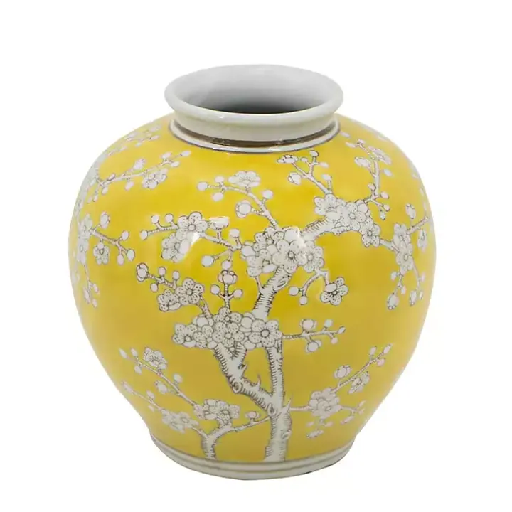 Yellow Plum Blossoms Round Porcelain Vase, 9.1 in.