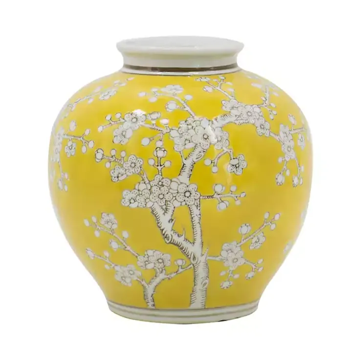 Yellow Plum Blossoms Round Porcelain Vase, 9.1 in.