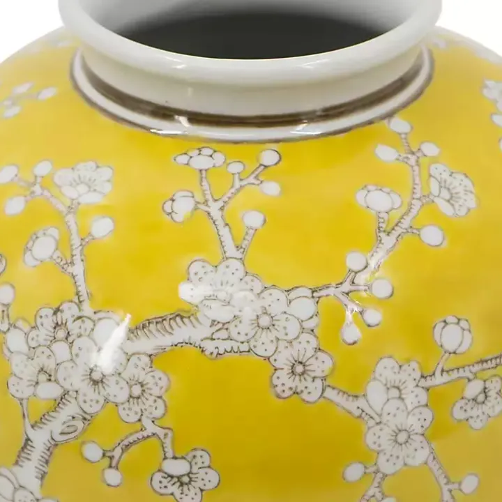 Yellow Plum Blossoms Round Porcelain Vase, 9.1 in.