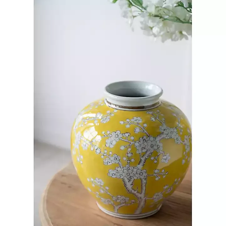 Yellow Plum Blossoms Round Porcelain Vase, 9.1 in.