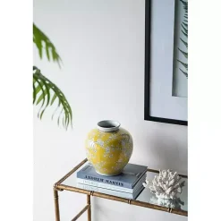 Yellow Plum Blossoms Round Porcelain Vase, 9.1 in.