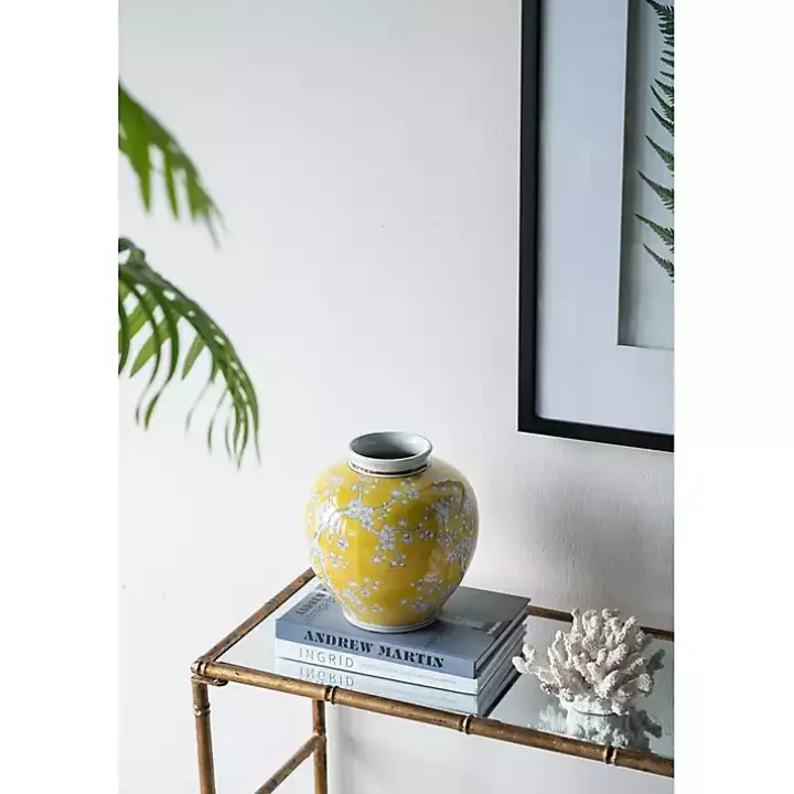 Yellow Plum Blossoms Round Porcelain Vase, 9.1 in.